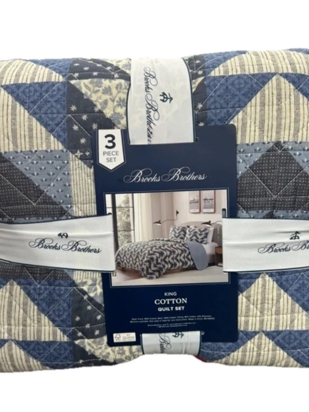 Brooks Brothers Blue and White Cotton King Quilt Set